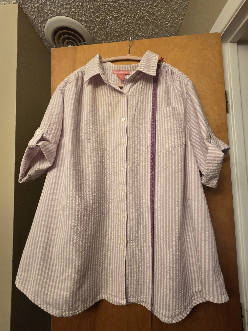Woman Within Pale Pink Striped Button-Down Shirt And a Leopard Print